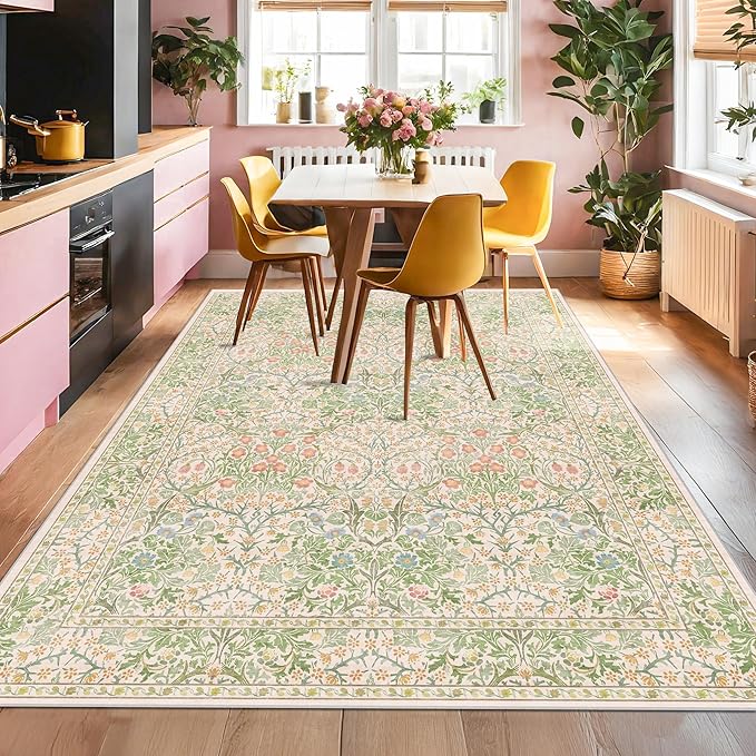Light Beige Green Floral Living Room Rug, 7x9 Washable Area Rug for Kids Room, Bedroom, Nursery Room, Living Room, Dining Room, Low Pile Non-Slip - Vintage Design & Stain Resistance