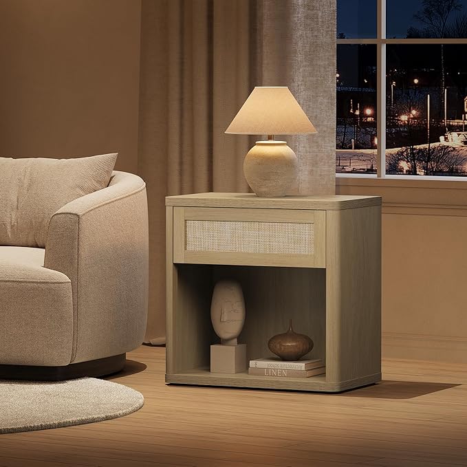 SICOTAS Night Stand Set of 2 26" Wide Large Nightstands with Drawer & Shelf Storage Rattan Bedside Table Boho End Table Tall Bed Side Tables Night Stands for Bedroom Living Room Sofa Office, Sand Oak