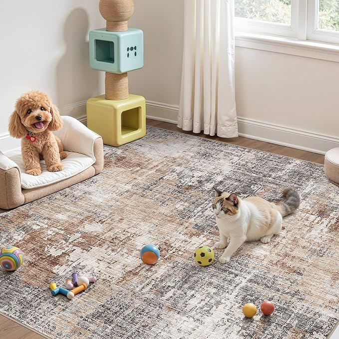 Square Area Rug Living Room Rugs - 8x8 Washable Large Soft Indoor Neutral Modern Abstract Low Pile Rug Carpet for Bedroom Dining Room Farmhouse Home Office - Grey Brown