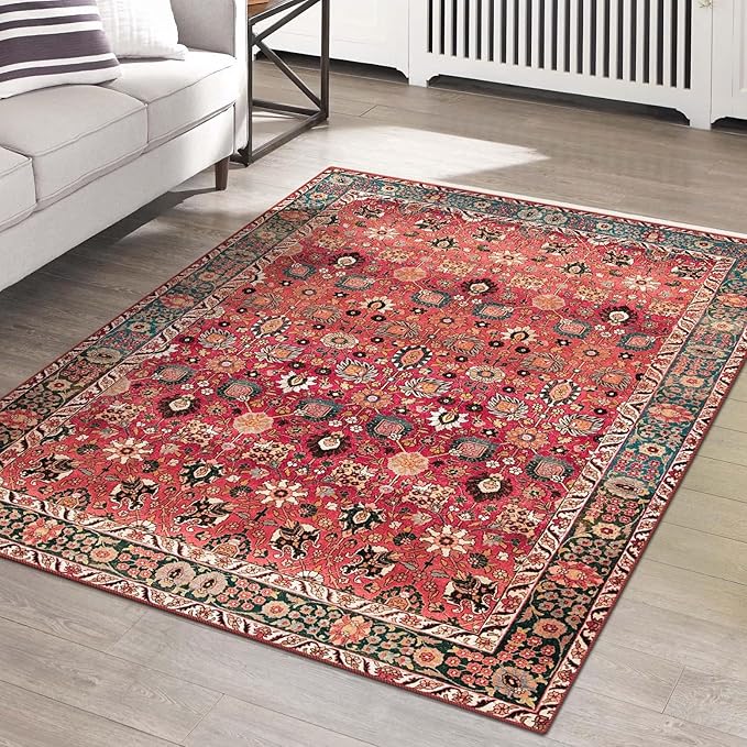 vivorug 9x12 Area Rugs for Living Room, Non Slip Machine Washable Vintage Red Floral Rug, Ultra-Thin Lightweight Large Area Rug for Bedroom, Dining Room, Low Pile