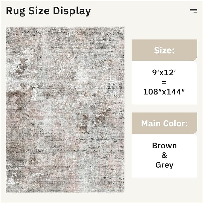 9x12 Area Rugs for Living Room, Non Slip Machine Washable Vintage Rugs, Low Pile Lightweight Large Rug for Bedroom, Dining Room, Home Office Grey Pink