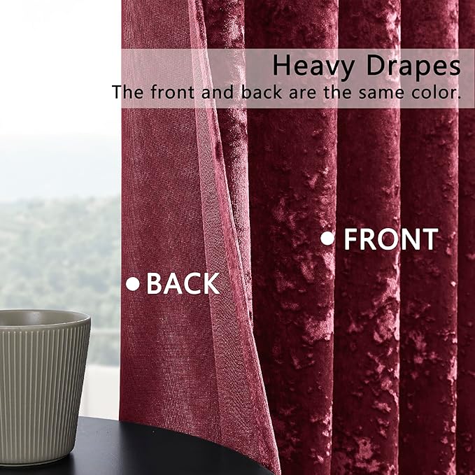 SMILETIME Burgundy Red Crushed Velvet Curtains 52x96inch Rod Pocket Luxurious Thermal Insulated Soundproof Drapes Soft and Durable Light-Filtering Window Treatments for Living Room Bedroom, 2 Panels