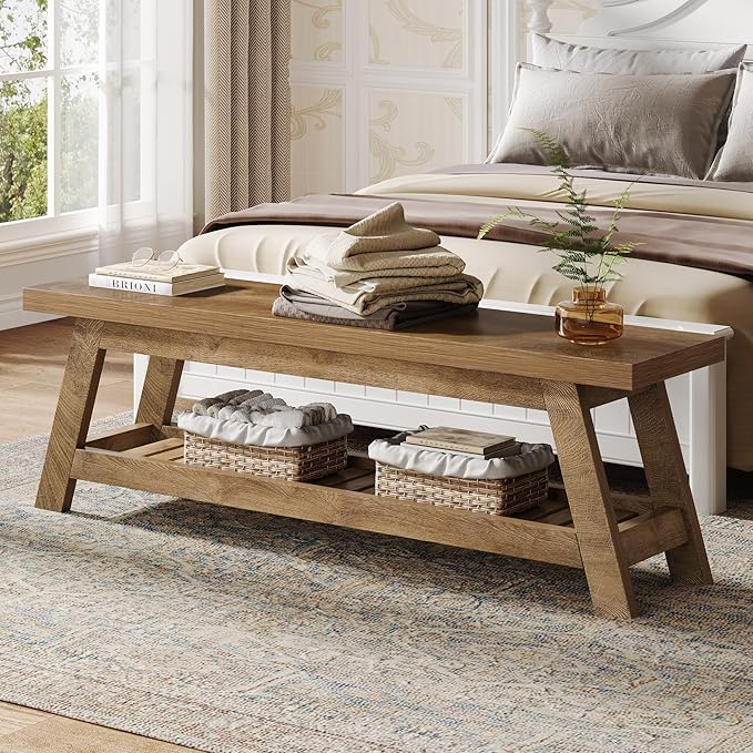 Tribesigns 55" Wood Entryway Bench with Shoe Storage, Large 2-Tier Narrow Hallway Foyer Seating Bench with Open Shelves for Entryway, Bedroom, Mudroom
