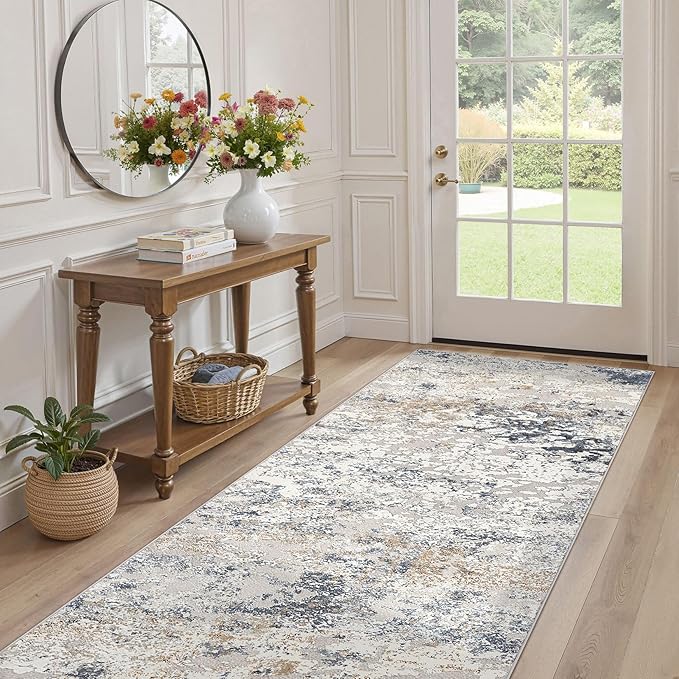 Washable Runner Rug for Hallway: 3x8 Neutral Modern Abstract Low Pile Area Rug with Non-Slip Backing - Carpet for Bedroom Kitchen Laundry Entryway Bathroom Indoor - Beige Blue