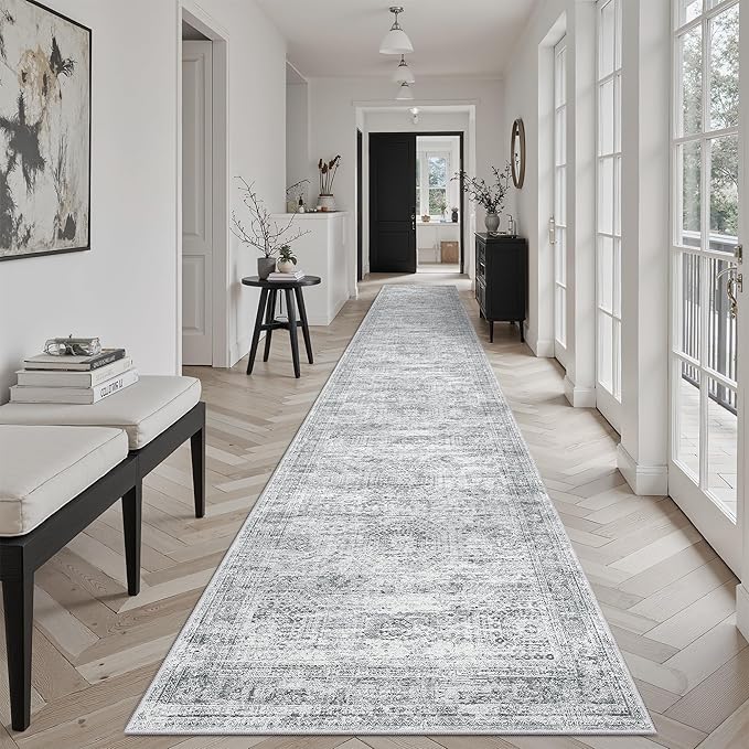 Runner Rug 2'6" x 14' Washable Non-Slip Runner Rugs for Kitchen Bathroom Laundry Room Vintage Ultra Thin Runners for Hallway Entryway Grey