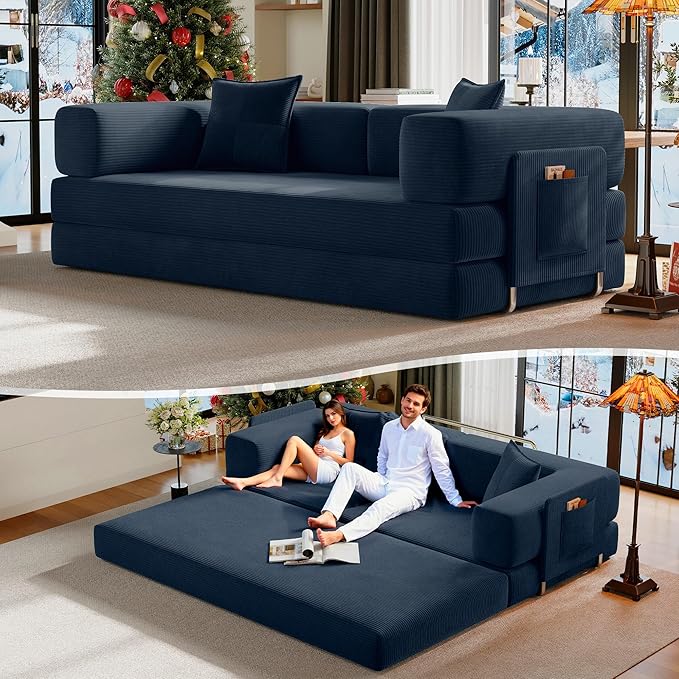 78.8" Convertible Futon Sofa Bed,Corduroy Futon Couch with Storage Pocket,Folding Pull Out Sofa,No Assembly Boneless Couch for Living Room,Navy