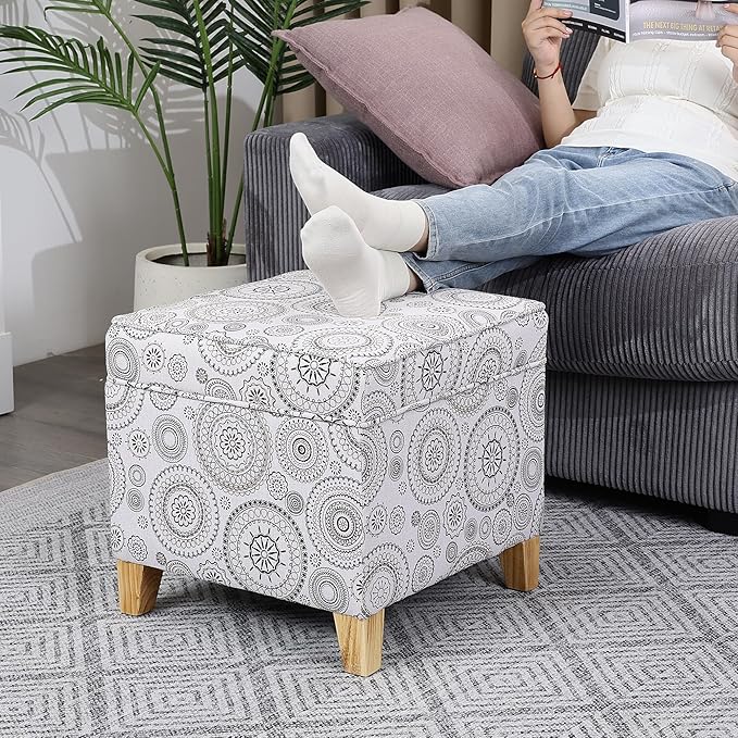 Adeco 17" Square Ottoman with Storage, Small Mandala-Persian Flower Pattern Storage Ottoman Foot Rest with Hinged Lid & Solid Wood Legs, Linen Fabric Foot Stool for Living Room & Bedroom