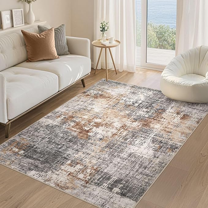 Area Rug Living Room Rugs - 4x6 Abstract Small Soft Indoor Washable Rug Neutral Modern Low Pile Carpet for Bedroom Dining Room Farmhouse Home Office - Grey Brown