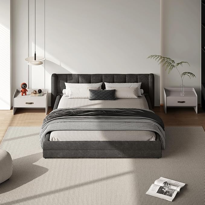 DEINPPA Queen Size Bed Frame with Cloud Soft Headboard, Chenille Upholstered Grounded Wood Base Bed Frame, No Box Spring Needed-Dark Grey