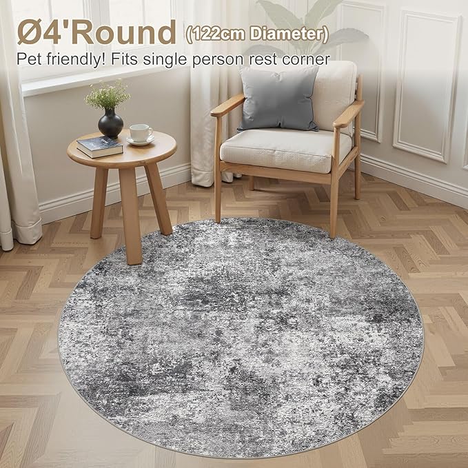 4ft Round Area Rug Living Room Rugs - 4x4 Washable Large Soft Indoor Neutral Modern Abstract Low Pile Rug Carpet for Bedroom Dining Room Farmhouse Home Office - Grey
