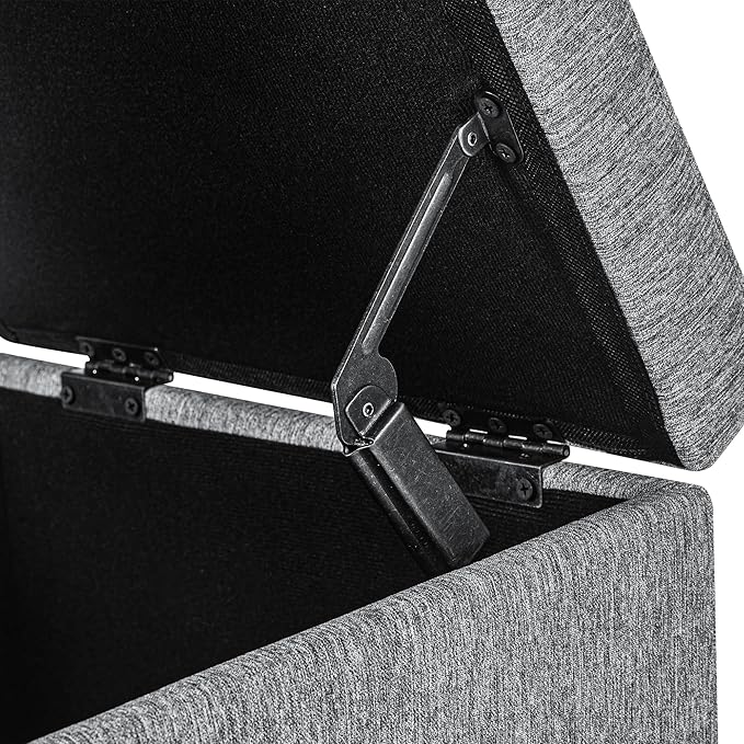 Adeco 17" Square Ottoman with Storage, Small Grey Storage Ottoman Foot Rest with Hinged Lid & Solid Wood Legs, Linen Fabric Foot Stool for Living Room & Bedroom