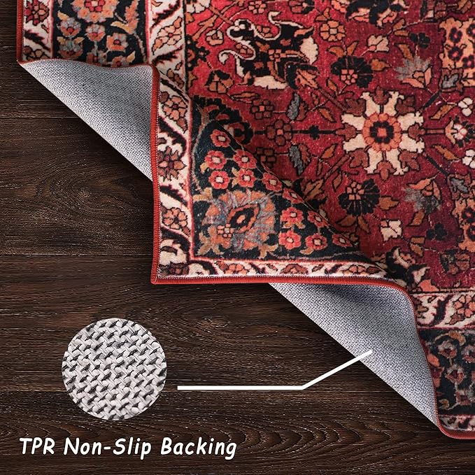 vivorug Washable Rug, Ultra Soft Area Rug 4x6, Non Slip Small Rug Carpet, Stain Resistant Rugs for Living Room Bedroom Entryway, Vintage Floral (Cherry Red/Spice, 4'x6')