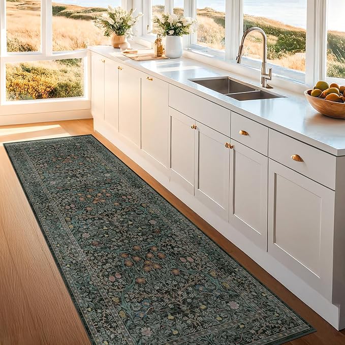 Dark Green 3x10 ft Extra Long Wide Runner Rug for Hallway Non Slip Washable, Large Kitchen Indoor Floor Rugs for Entryway Bathroom Bedroom, Stain Resistant Vintage Floral Carpet
