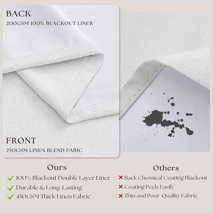 Neutral White Linen Pinch Pleated Blackout Curtains 108 Inches Long for Bedroom Pleated 100% Black Out Drapes with Liner Off White Farmhouse Country Extra Long 108 Inch Curtain for Living Dining Room