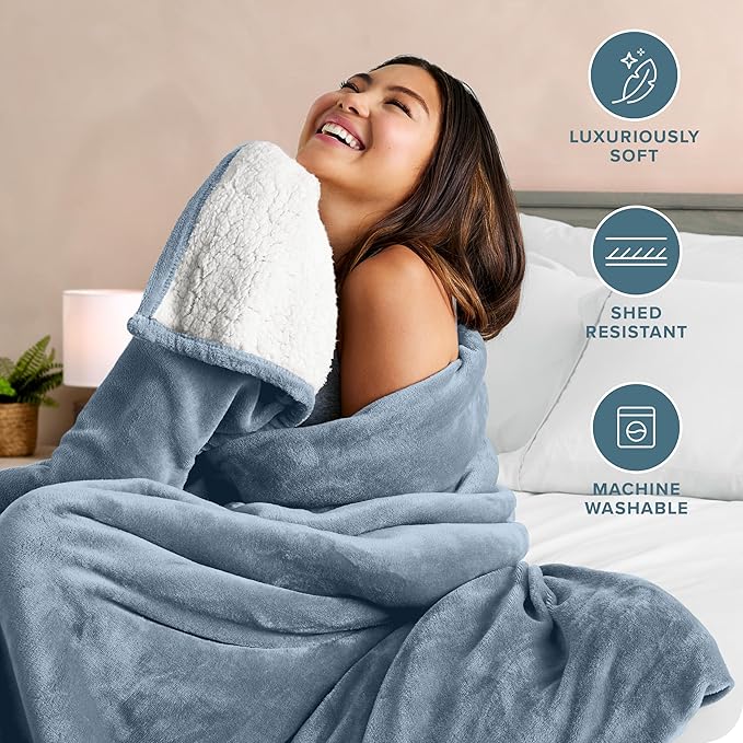 Bare Home Sherpa Fleece Blanket - Twin/Twin Extra Long - Blanket for Bed, Sofa, and Couch - Warm & Lightweight - Fluffy & Soft - Reversible (Twin/Twin XL, Dusty Blue)