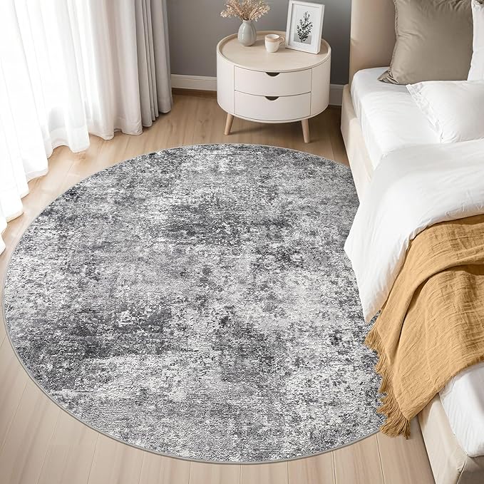 5ft Round Area Rug Living Room Rugs - 5x5 Washable Large Soft Indoor Neutral Modern Abstract Low Pile Rug Carpet for Bedroom Dining Room Farmhouse Home Office - Grey
