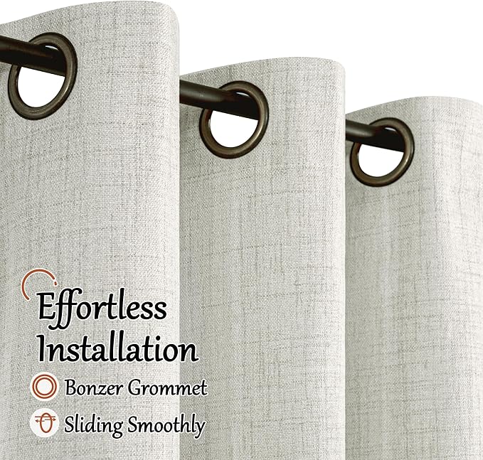 100% Blackout Curtains for Living Room 95 Inch Length 2 Panels Set, Thermal Insulated Light Blocking Faux Linen Curtains for Bedroom, Bronze Grommet Window Drape Each 52" Wide, Light Grey