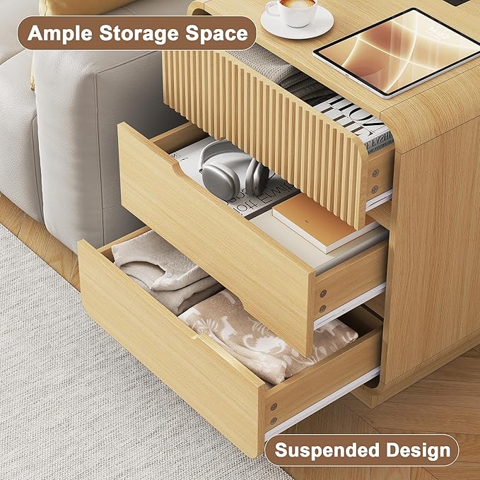 8 Drawer Dresser and 2 Nightstand Sets for Bedroom 3 Pcs Bedroom Set, Modern 39.4" Fluted Dresser with Invisible Handles Nightstand Charging Station, Bedroom Furniture Set for Living Room, Natural