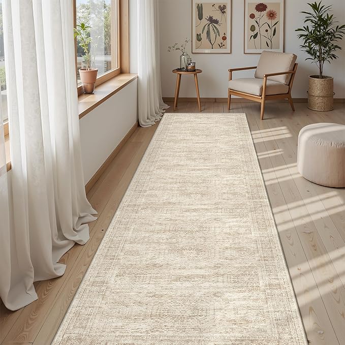 Washable Runner Rug, 2'6" x 8' Non-Slip Kitchen Vintage Foldable Hallway Runners for Entryway, Laundry, Bedroom, Beige