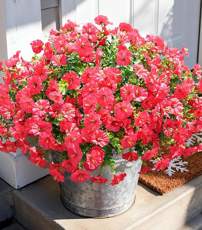Fake Plants Artificial Flowers for Outdoor Outside Decor, 12 Bundles Faux Flowers Silk Hot Pink Morning Glory with Eucalyptus Look Real UV Resistant Faux Greenery for Planter Front Door Porch Patio