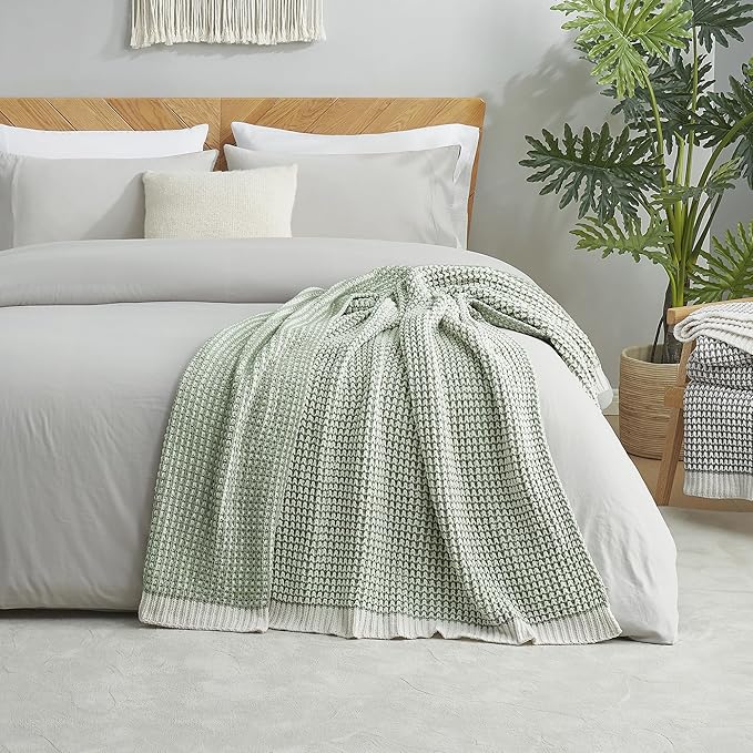 Amélie Home Waffle Chenille Throw Blanket for Couch, Pineapple Stitch Knit Soft Cozy Knit Blanket Decorative Throw for Sofa, Chair, 60 * 80", Sage Green&Ivory