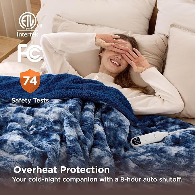 Bedsure Faux Fur Heated Blanket Full Size, Fast Heating Electric Blanket Full Size with 6 Heating Levels & 10 Time Settings, Cozy Gifts for Women Men (72x84 inches, Denim Blue)
