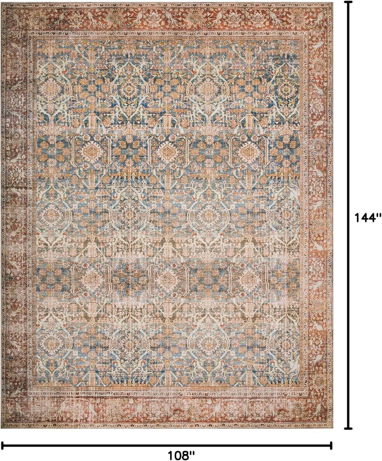 Loloi Layla Collection LAY-04 Ocean/Rust 9'-0" x 12'-0" .13" Thick Area Rug, Soft, Durable, Vintage Inspired, Distressed, Low Pile, Non-Shedding, Easy Clean, Printed, Living Room Rug