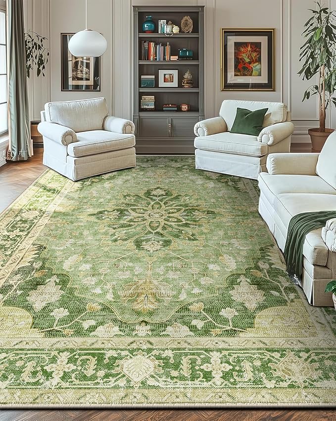 Area Rugs 10'x14' Washable Non-Slip, Floral Vintage Distress Print Pattern Medallion Carpet for Living Room Bedroom Dining Room, Sage Green Yellow