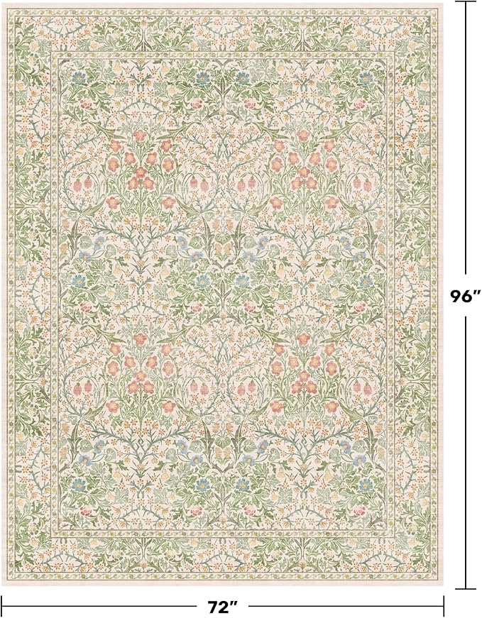 Light Beige Green Living Room Rug, 6x8 Washable Area Rug for Kids Room, Bedroom, Nursery Room, Living Room, Dining Room, Low Pile Non-Slip - Vintage Design & Stain Resistance