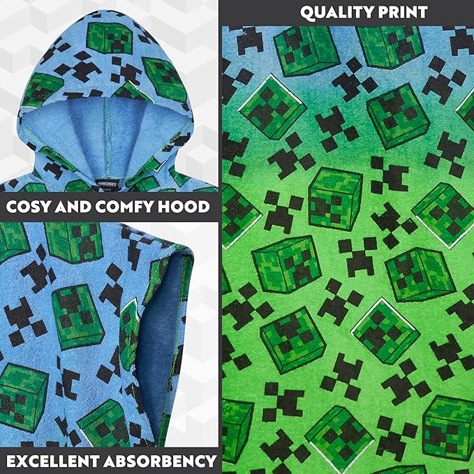 Minecraft Towelling Poncho Kids Teens Hooded Bath Towels Absorbent Beach Towel (Multi, 6-9 Years)