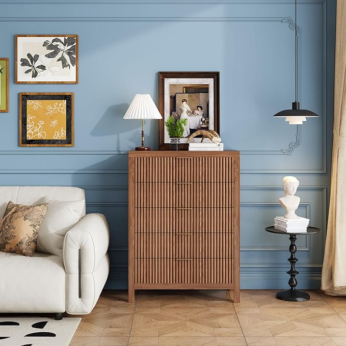 43" 5 Drawer Dresser Tall Dresser Organizer TV Drawer Cabinet Modern Wood Storage Cabinet, Modern Wood Storage Cabinet for Bedroom, Hallway, Entryway, Walnut