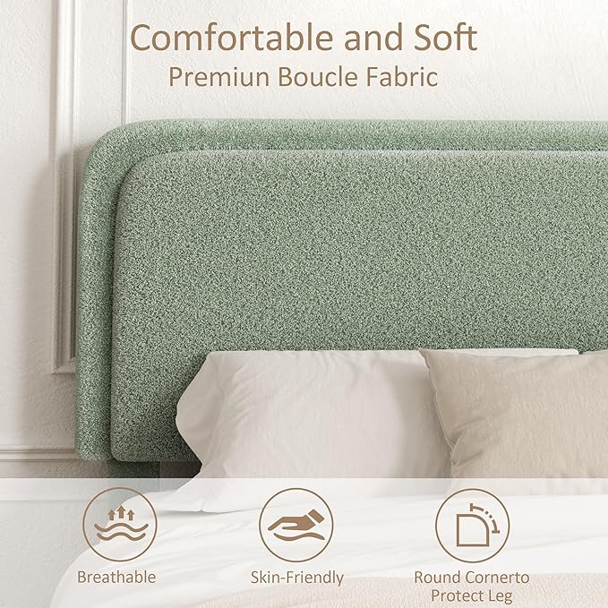 Full Size Platform Bed Frame with Headboard, Boucle Upholstered Desige, Anti-Collision Corners, Soft Rounded Corners, No Box Spring Required, Easy Assembly, Noise Free