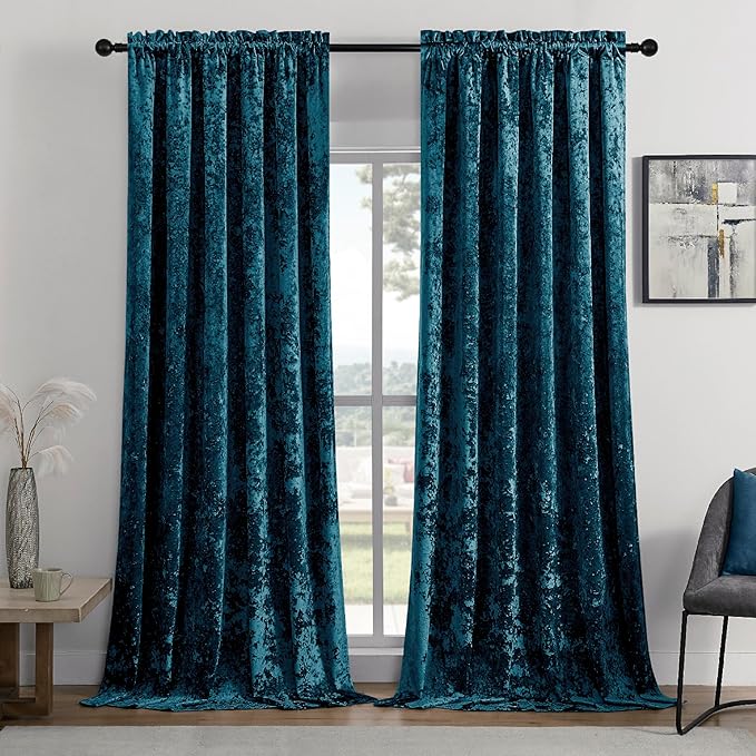 SMILETIME Tranquil Blue Crushed Velvet Curtains 52x108inch Rod Pocket Luxurious Thermal Insulated Soundproof Drapes Soft and Durable Light-Filtering Window Treatments for Living Room Bedroom, 2 Panels