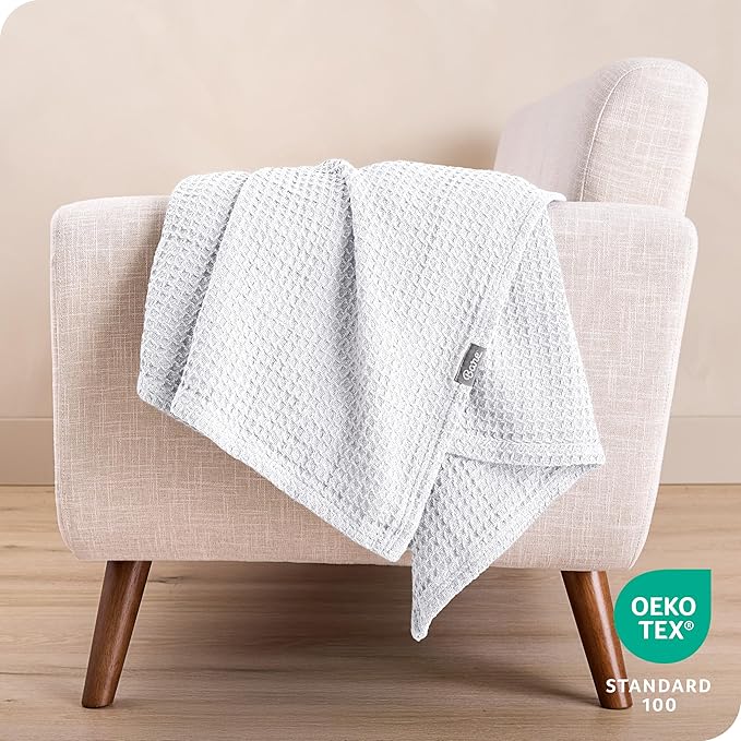 Bare Home White Waffle Blanket, 108Wx90L, 100% Cotton, Soft & Breathable for All Seasons, Lightweight Blanket, Perfect for Layering Bed, Sofa & Couch (King/Cal King, White)