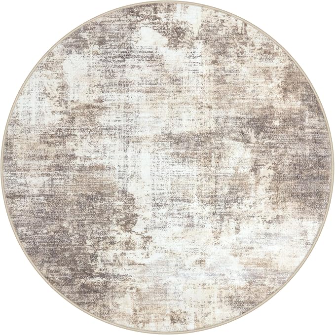 IOHOUZE Abstract Round Area Rug 8 Ft Washable Circle Rugs Large Round Rug Non Slip Thin Soft Circle Rugs, Printed Faux Wool Floor Carpet for Bedroom Living Room Dining Room Nursery, Beige Brown