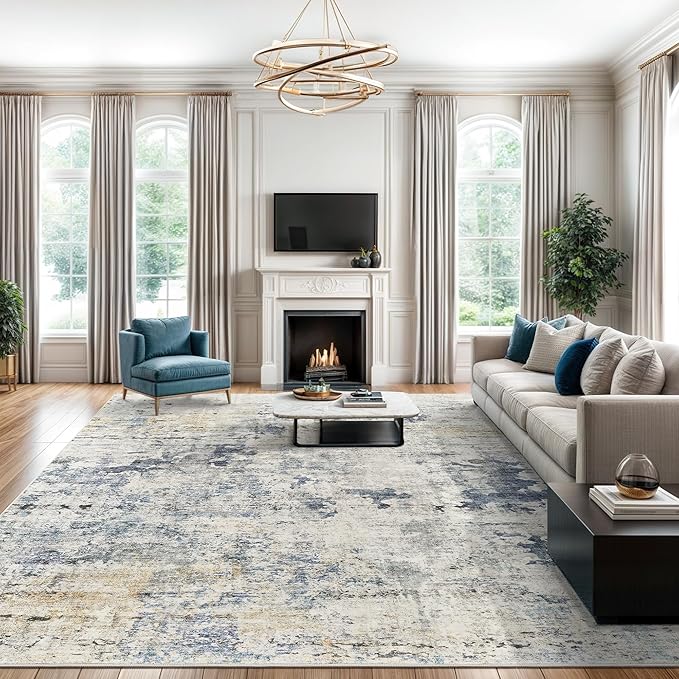 Abstract Rug 8x10 Large Living Room Rugs Neutral Modern Washable Area Rugs for Bedroom Dining Room Non-Slip Stain Resistant Foldable Thin Rug Blue Yellow