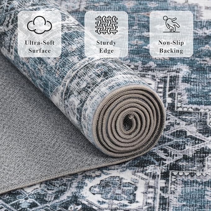 4x6 Area Rug for Bedroom Machine Washable Low Pile Vintage Distressed Rugs Stain Resistant Faux Wool Rug Ultra Soft Non-Slip Area Rugs for Living Room, Playroom, Kitchen,Home Office
