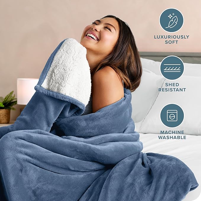 Bare Home Sherpa Fleece Blanket - Twin/Twin Extra Long - Blanket for Bed, Sofa, and Couch - Warm & Lightweight - Fluffy & Soft - Reversible (Twin/Twin XL, Coronet Blue)