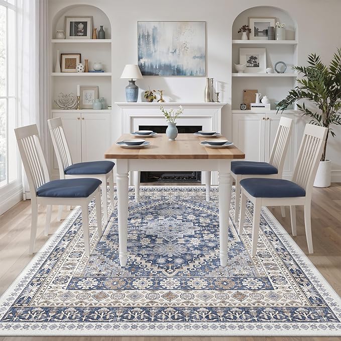 zesthome 6x9 Area Rug, Super Soft Washable Rugs for Living Room, Non-Slip Stain Resistant Vintage Rugs, Ultra-Thin Large Area Rugs (Blue/Beige,6'x9')