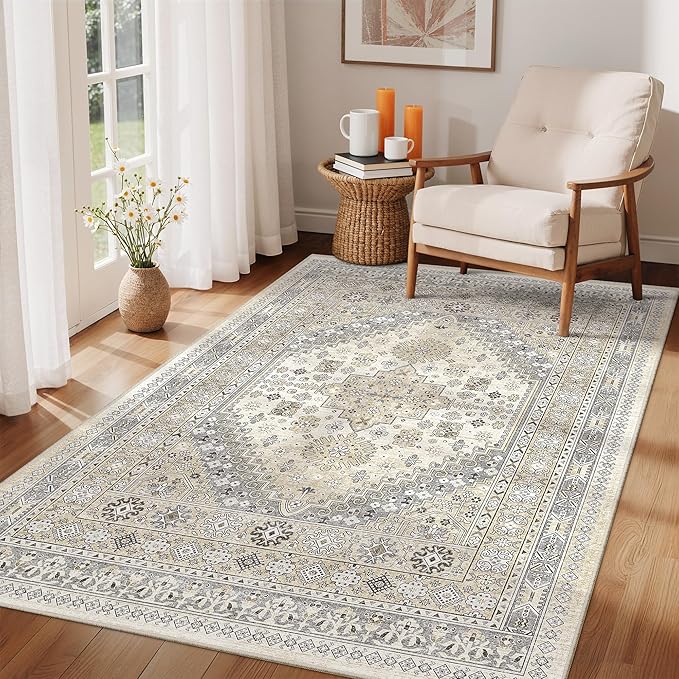 zesthome 3x5 Rug Ultra Soft Washable Rug, Non Slip Area Rug Indoor Entrance, Stain Resistant Rugs for Living Room Bedroom, Vintage Home Decor Area Rugs (Beige,3'x5')