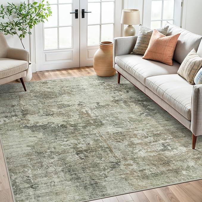 Abstract Rug 5x7 Machine Washable Area Indoor Green Black Low Pile Non-Slip Foldable Thin Accent Rugs for Bedroom Living Room Dining Room