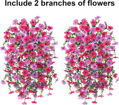 Artificial Faux Hanging Flowers Plants for Outdoor Decor, 2 PCS Outside Fake Silk Violets with Eucalyptus UV Resistant Realistic Daisy Trailing Vines for Planter Balcony Porch Patio Yard, Purplepink