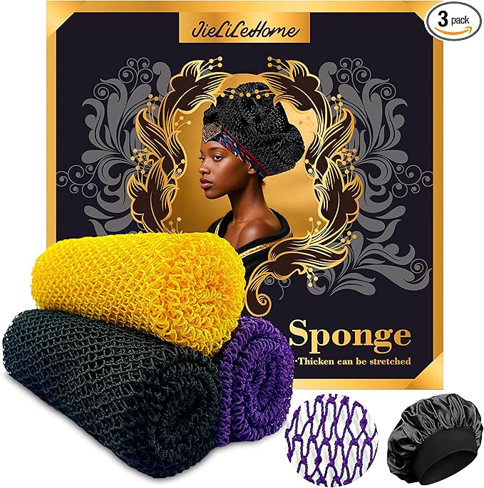 African Net Sponge Authentic,3Pack Loofah Exfoliating Body Scrubber Bath Sponge, Back Scrubber Washcloth for Shower,Gentle Exfoliator and Rich Lather for Women and Men (Black、Yellow、Purple)