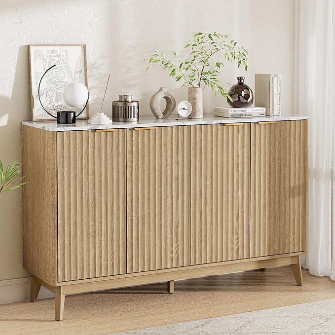 Sideboard Cabinet, 55'' Buffet Cabinet with Faux Marble Top & Adjustable Shelf, Modern Fluted Storage Cabinet, Accent Credenza Sideboard for Kitchen, Living Room, Entryway