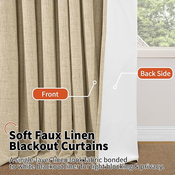 100% Blackout Curtains for Living Room 90 Inches Long 2 Panels, Faux Linen Textured Floor Length Thermal Insulated Bronze Grommet Boho Window Energy Save Drapes, Each 52" Wide, Burlap
