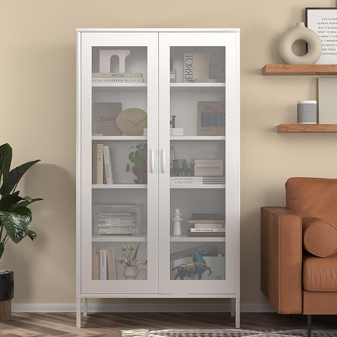 COFaR Modern Mesh Storage Cabinet, Free Standing Tall Pantry, Cupboard Metal Display Cabinet for Living Room, Kitchen, Dining Room