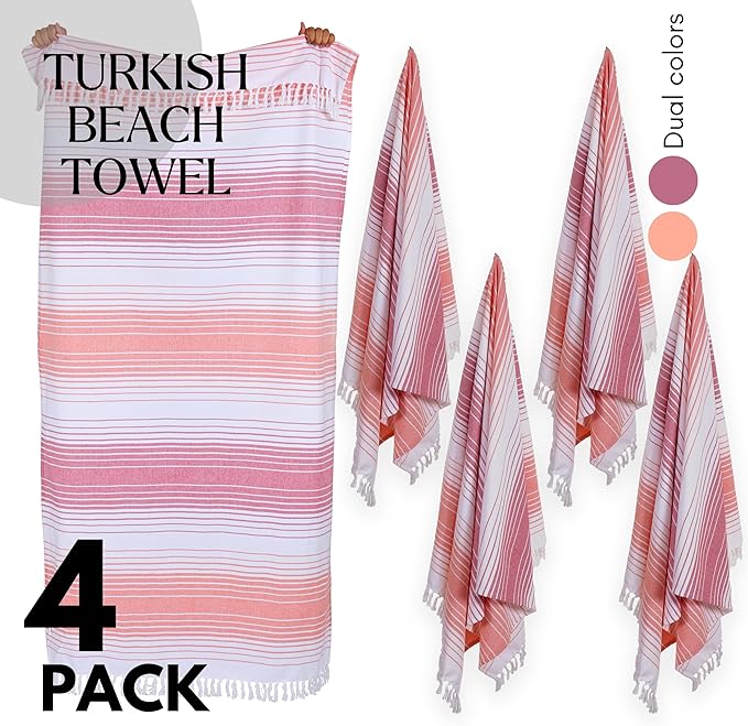 Native Fab Oversized Beach Towel, 4 Pack, 40x71 inches 100% Cotton Turkish Peshtemal for Adults,Soft & Absorbent, Extra Large Beach Towel for Hammam Spa Beach Blanket Bath, Cabana Strips, Red Orange