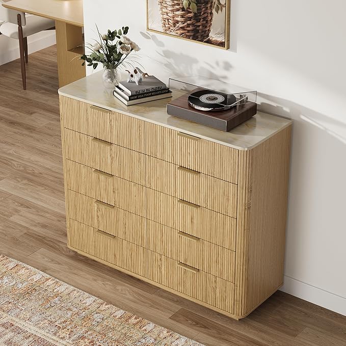 Fluted Drawers Dresser for Bedroom with 10 Drawers, 42'' Wide Mid Century Dressers with Faux Marble Top & Metal Handle, Wooden Chest of Drawers TV Stand, Natural Wood Closet Storage Organizer,Oak