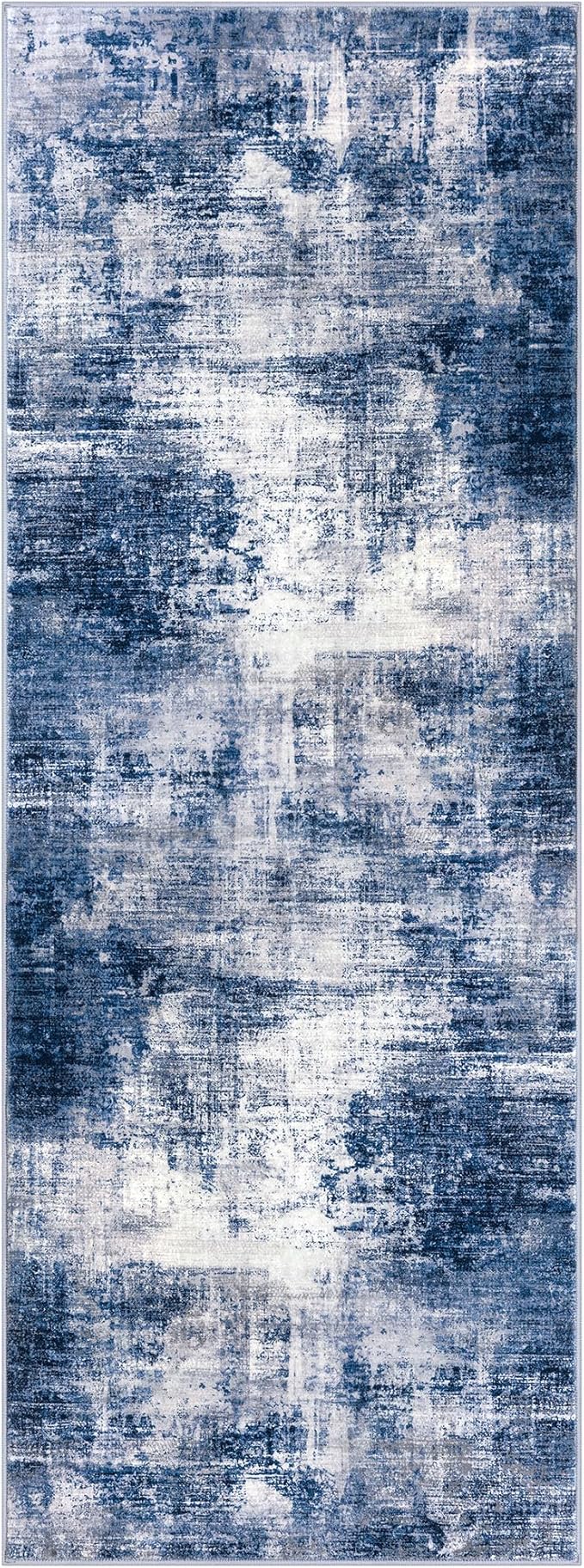 IOHOUZE Abstract Runner Rug 3x8 Ft Washable Runners for Hallways, Non Slip Kitchen Runner Printed Faux Wool Entryway Runner Indoor, Modern Abstract Floor Carpet for Hall Bedroom, Navy/Grey
