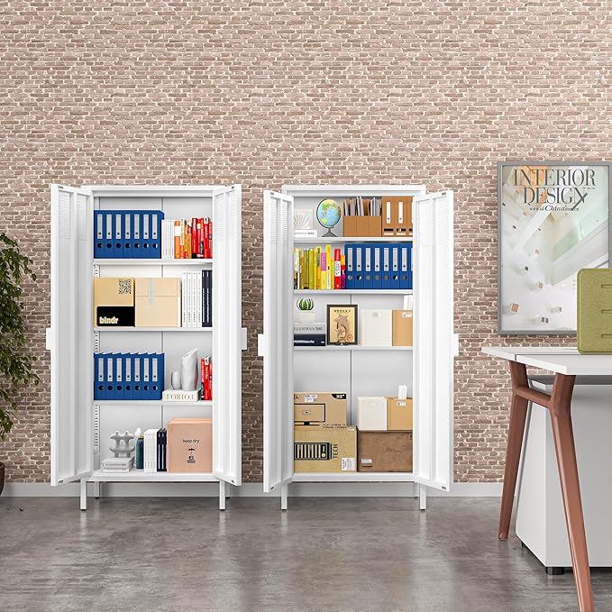 COFaR 4 Tier Black Metal Storage Cabinet, Free Standing with 2 Doors, 3 Adjustable Shelves and Legs, Cupboard Metal Cabinet for Living Room, Kitchen, Dining Room, Office